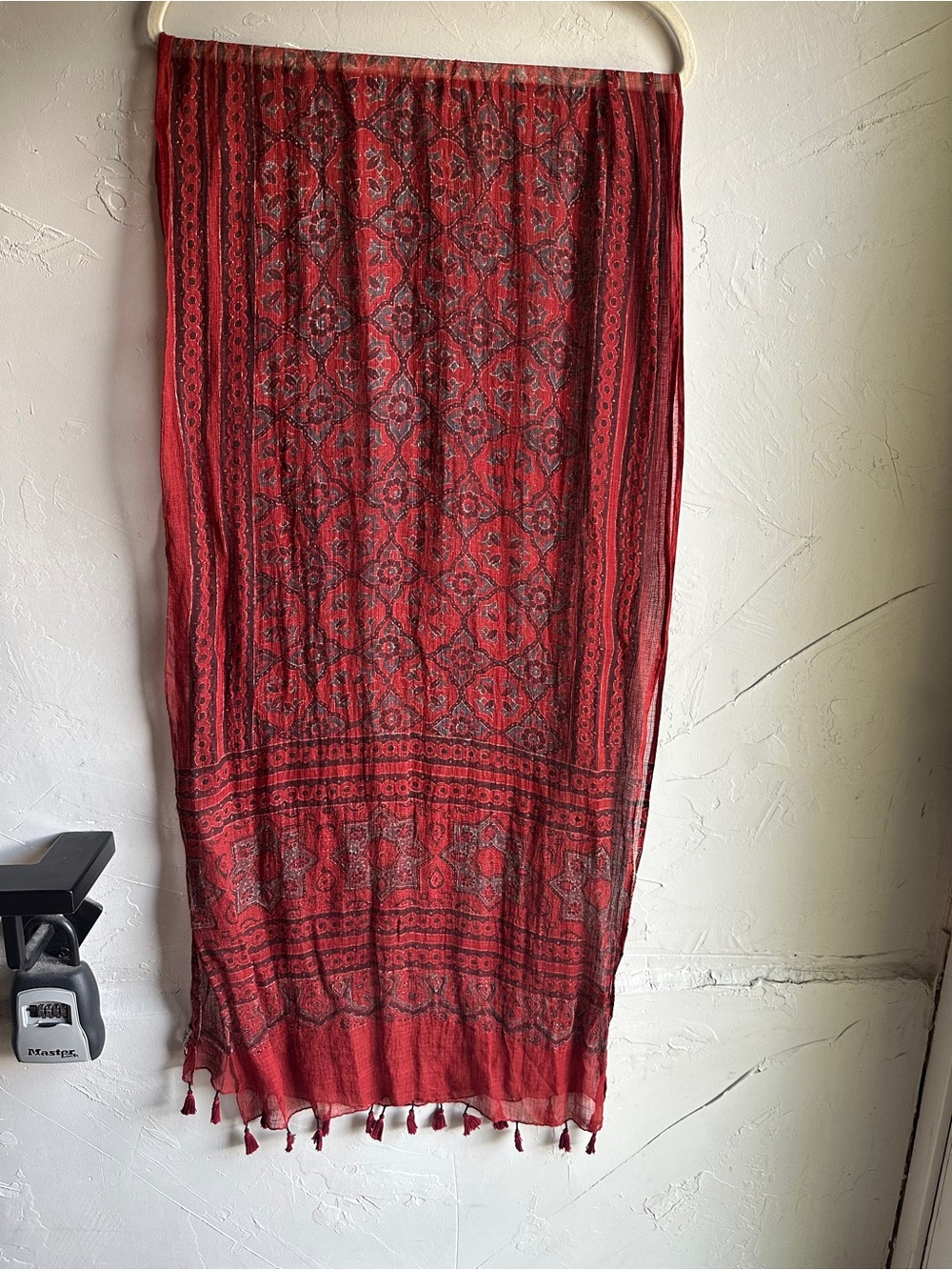 Red Boho Geometric Print Tassel Scarf Gauze Wrap Festival Indie 80x19